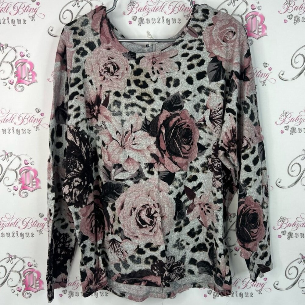 Clientelle long sleeve flowers floral print Pink and Black Floral Leopard Blouse